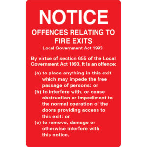 Notice Offences Relating to Fire Exits - No Penalty Act 1993 155mm x 230mm