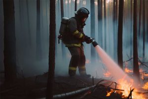 Fireman extinguishes fire in the bushfire