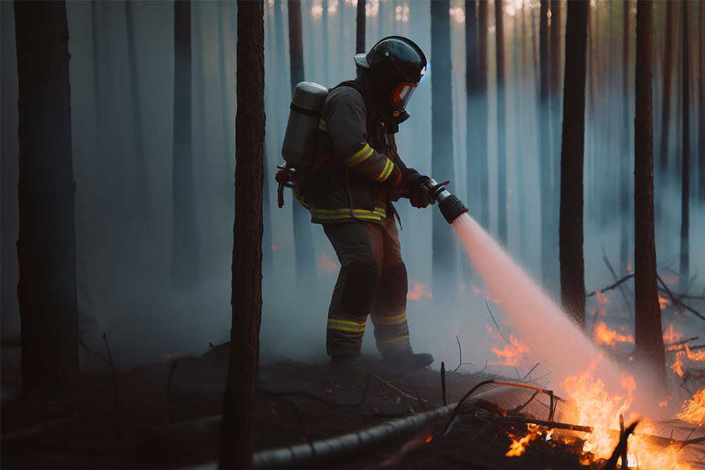 Fireman extinguishes fire in the bushfire