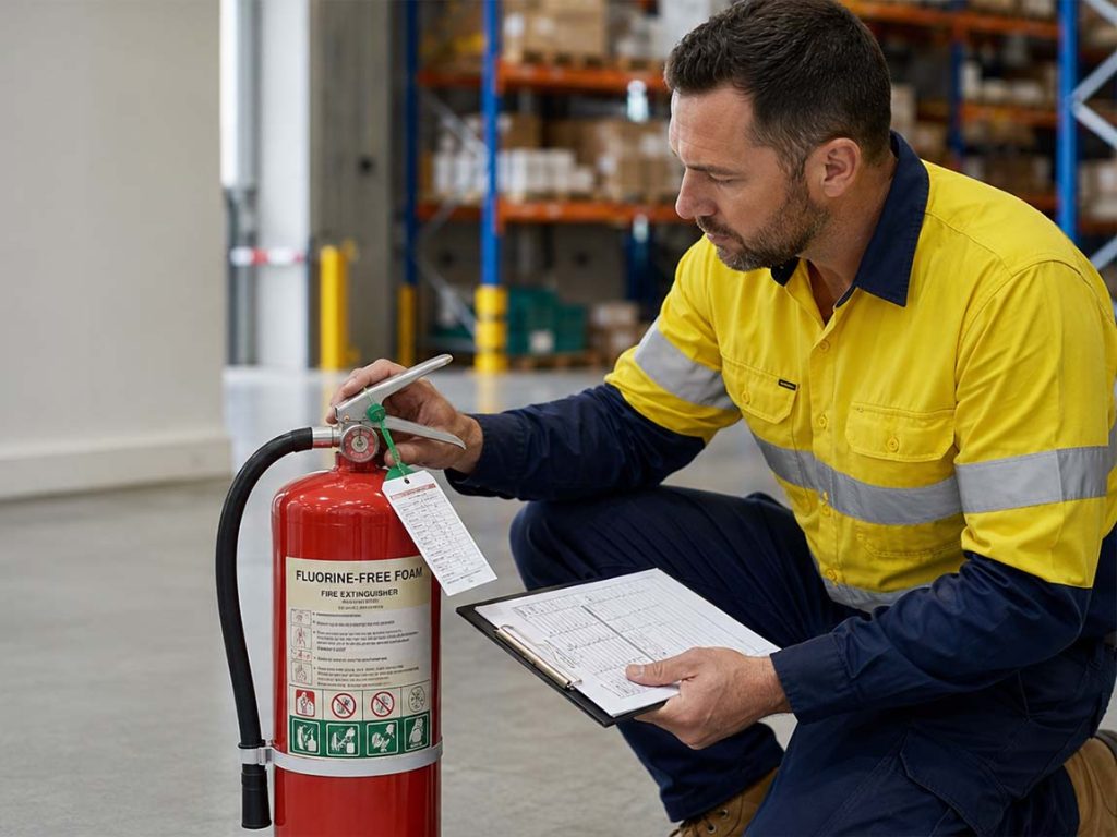 Technician inspecting an existing foam extinguisher and recommending a Fire Factory fluorine-free foam extinguisher during a safety audit in Australia